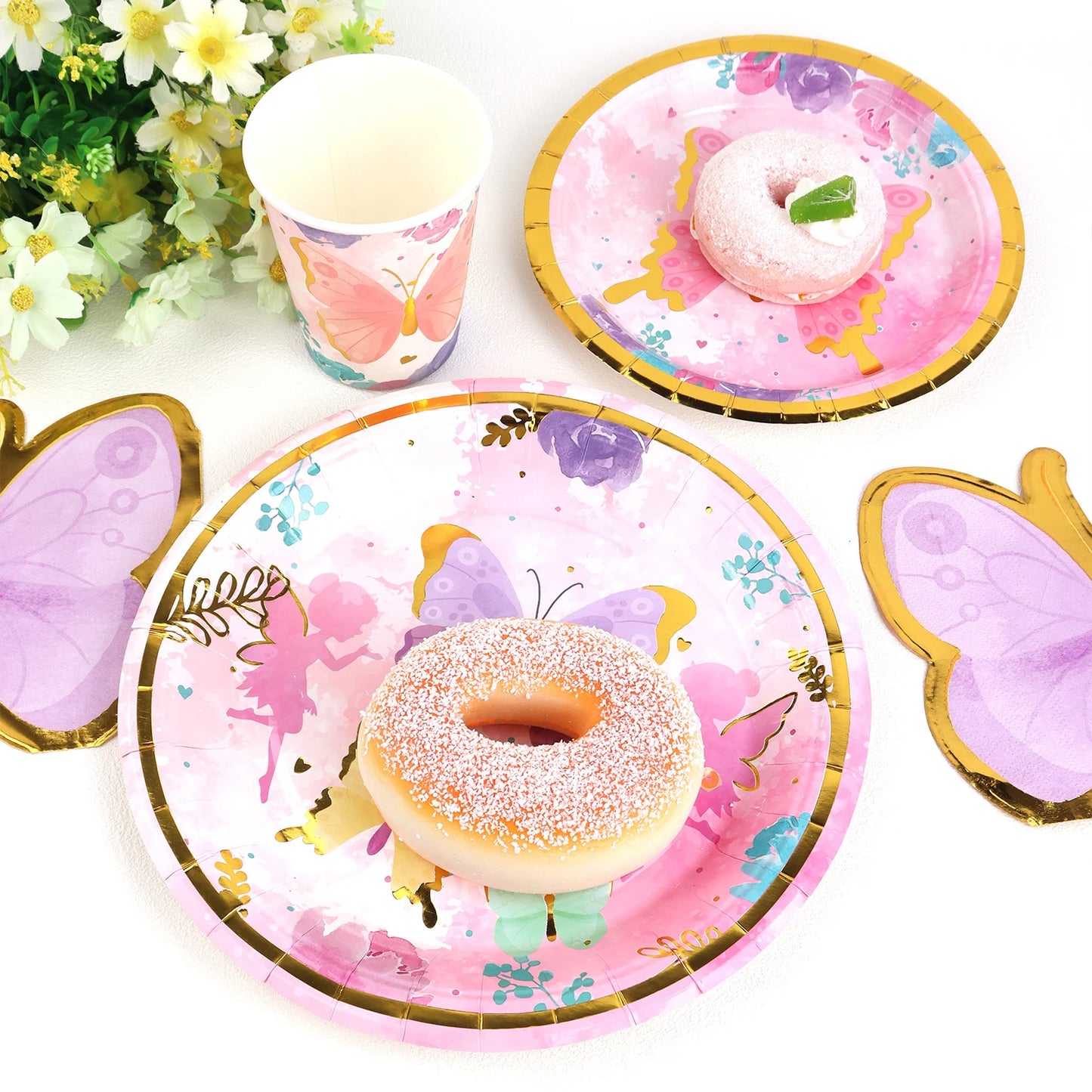 Festa de aniversário 2 convidados, prato de festa de aniversário, canecas, suprimentos descartáveis para festa, prato de borboleta, fada, conjunto de talheres para crianças e despedida de solteira