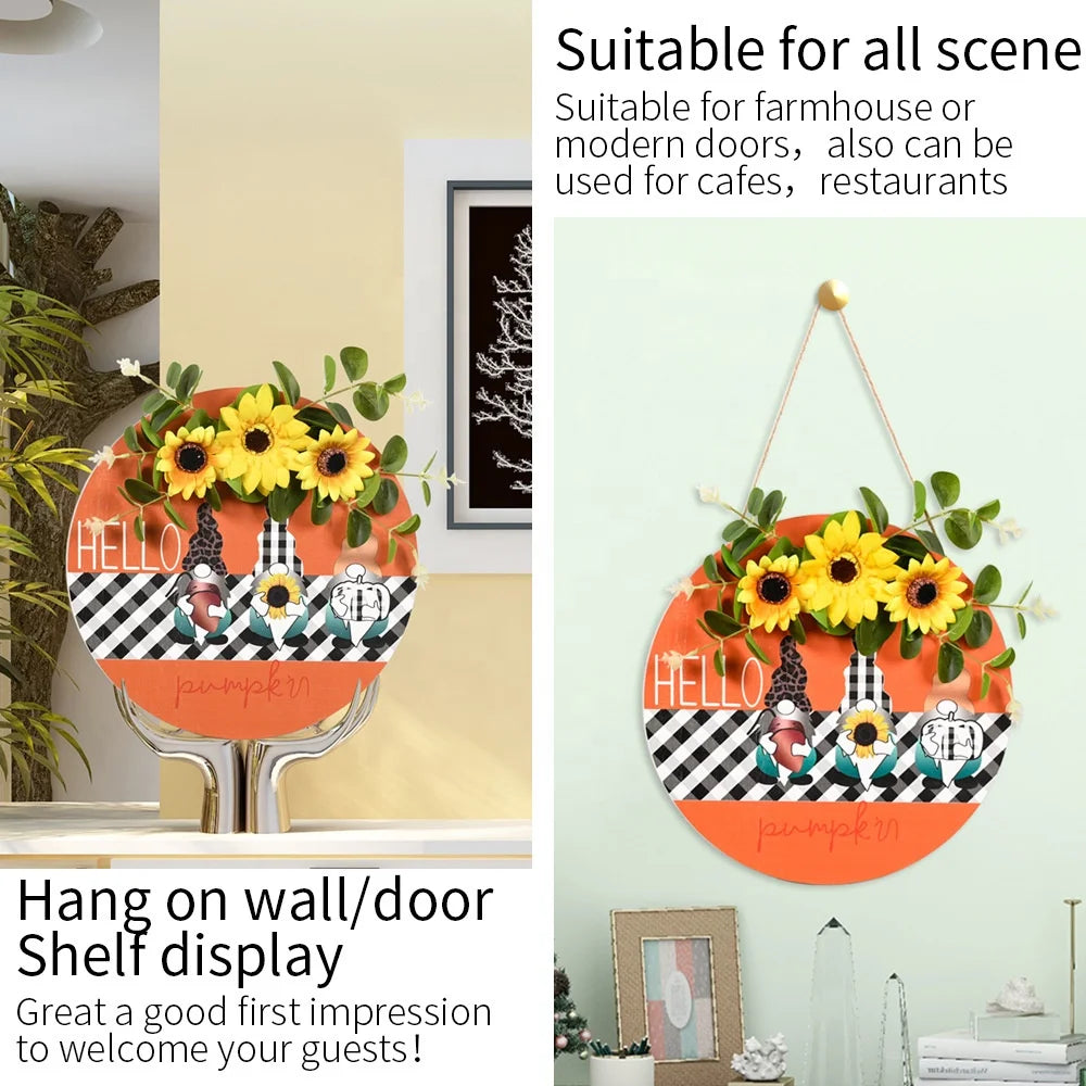 Harvest Festival decorations Wooden house number Sunflower black and white plaid print Thanksgiving Dwarf doll Wooden house number