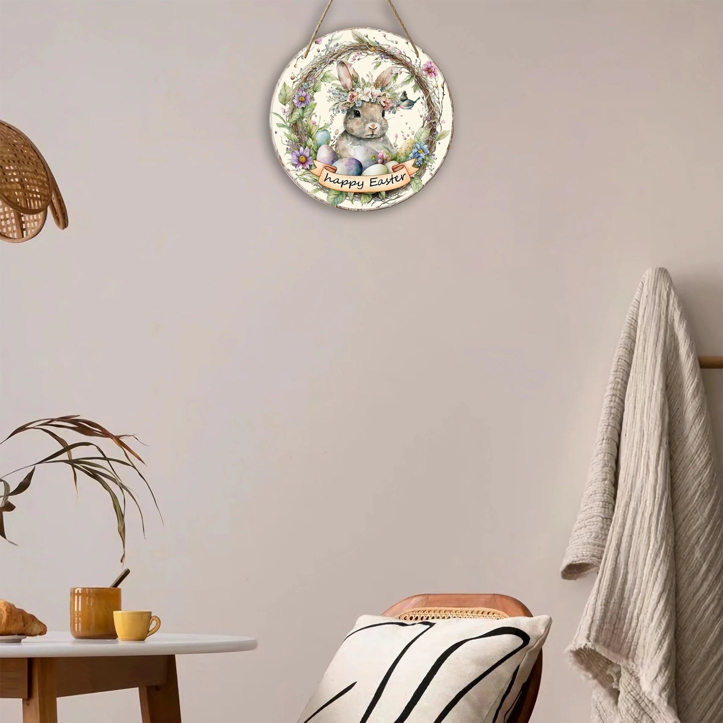 Easter and Thanksgiving 3 Decoration Happy Easter Bunny Logo Round Wooden Wreath Easter Egg Logo Door Wall Decoration