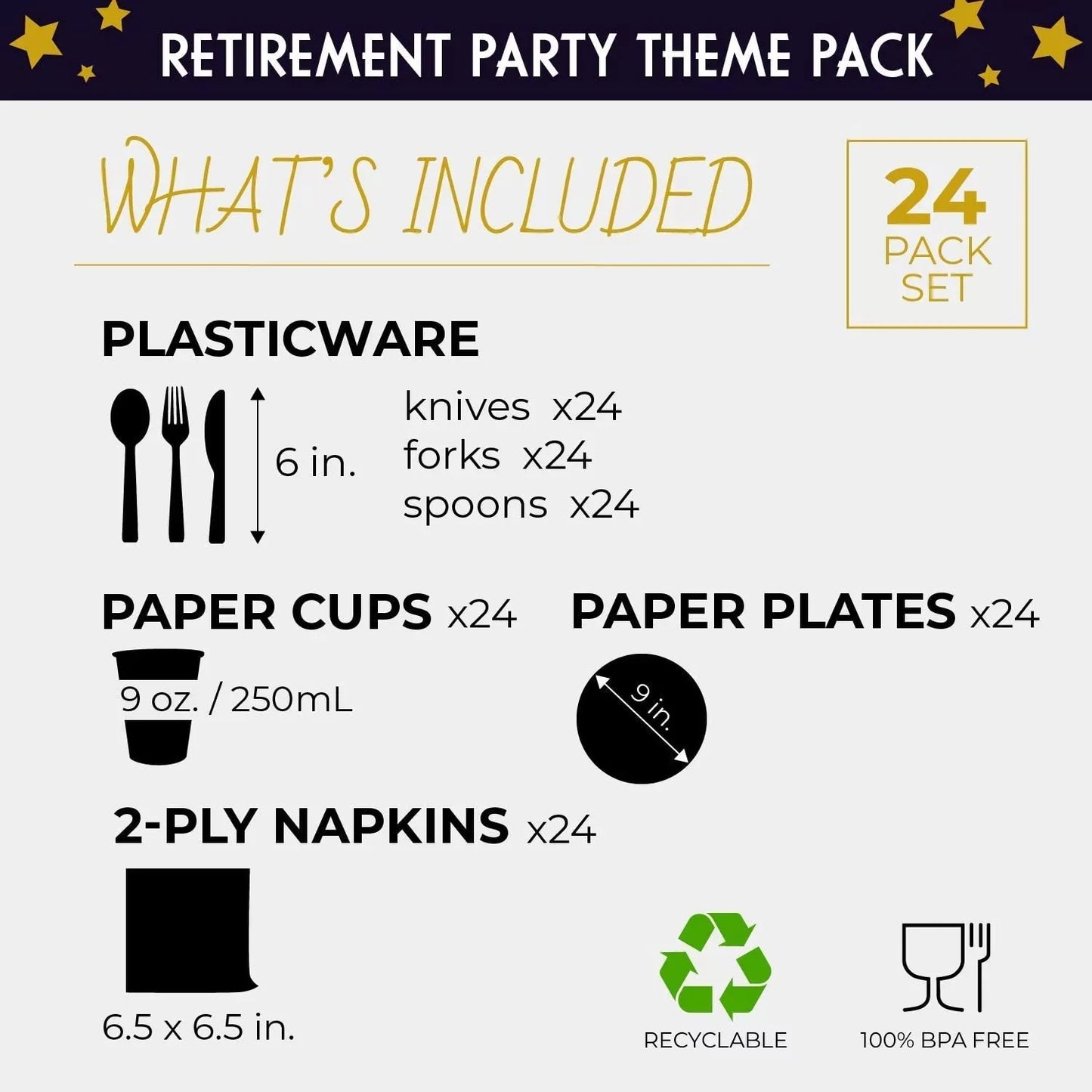 Birthday Party 2 retirement-themed tableware for 24 guests with a black disposable happy retirement tableware set complete with plates, cups and napkins