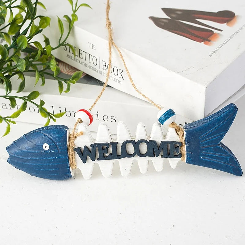 Wooden handicrafts, nautical wooden fish welcome skeleton wall hanging ornaments home door decoration gifts hanging retro wooden plate decoration