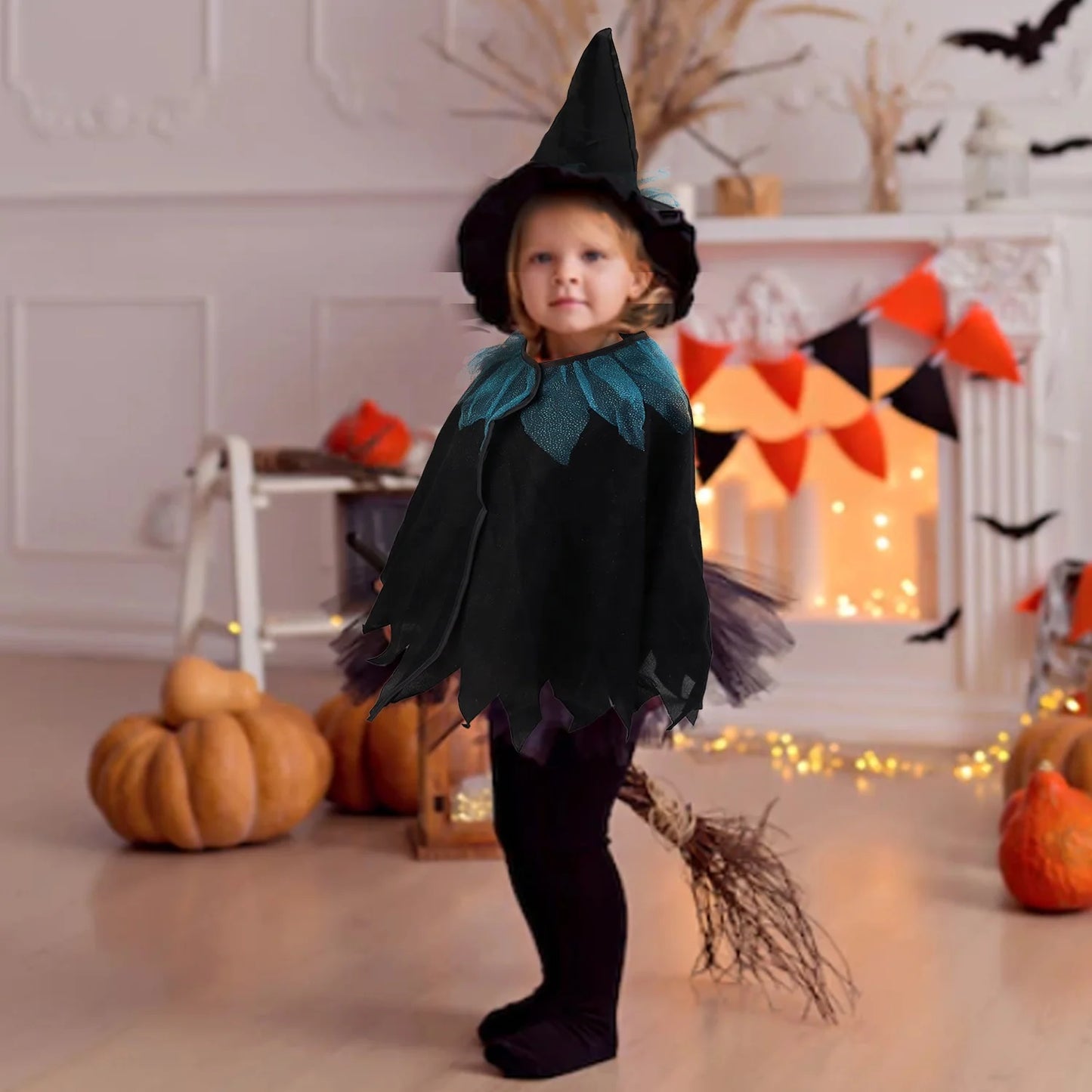 Halloween & Day of the Dead Costume Children's Witch Cape Hat Children's Black Witch Cape Hooded Flower Girl Dress Costume