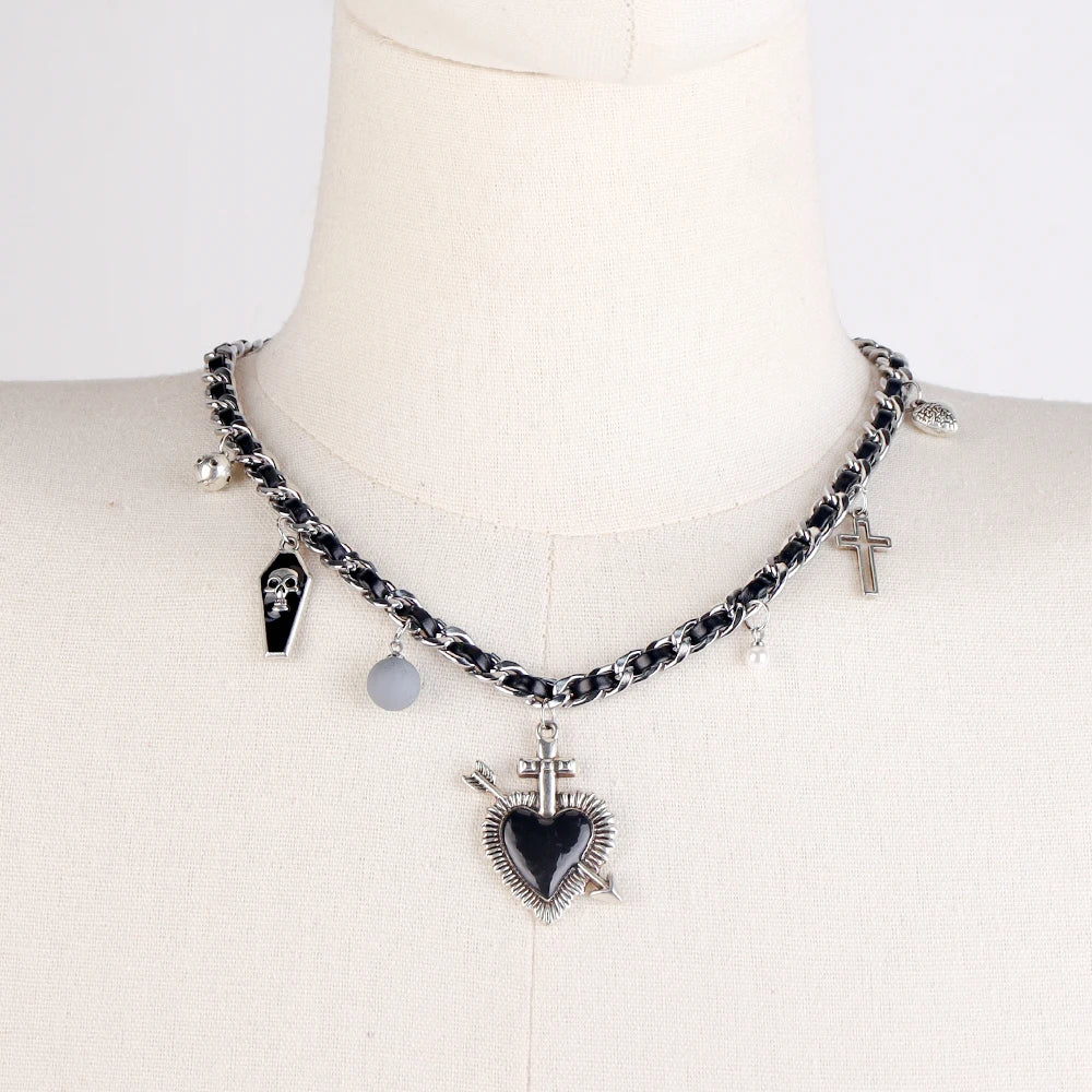 Halloween & Day of the Dead Gothic Cross Necklace Silver Pendant with Black or Red Glass Stone