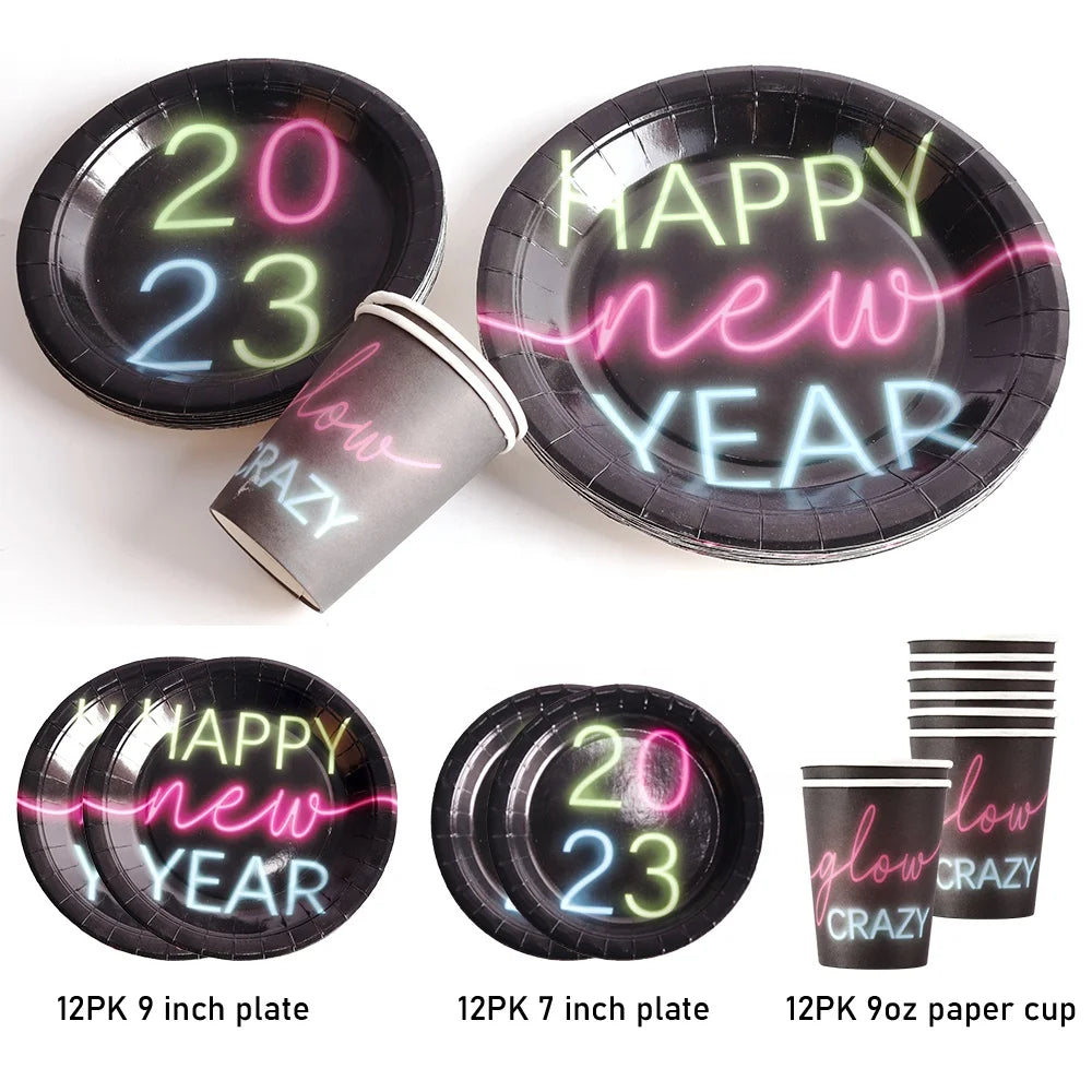 New Year's Eve, happy party supplies, neon birthday party tableware set, the delivery will automatically adjust the latest number of years.