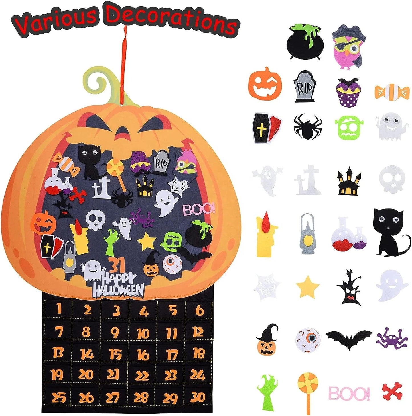 Halloween & Death Day 31 Days Happy Halloween Felt Fabric Pumpkin Countdown Calendar with 30 Removable Decorations Halloween Advent Calendar