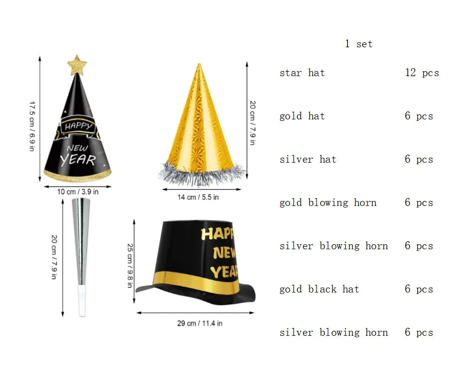 48 Silver Black Gold New Year's Hats Noise Maker 2025 New Year's Eve Party Favorites Photo Gifts 2025 New Year's Hats & Trumpets