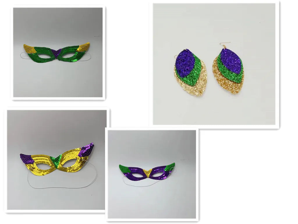 Carnaval Carnival Ball Gold Green Purple Sequin Half Face Mask Brazilian Carnival Mask Leather Earring Set
