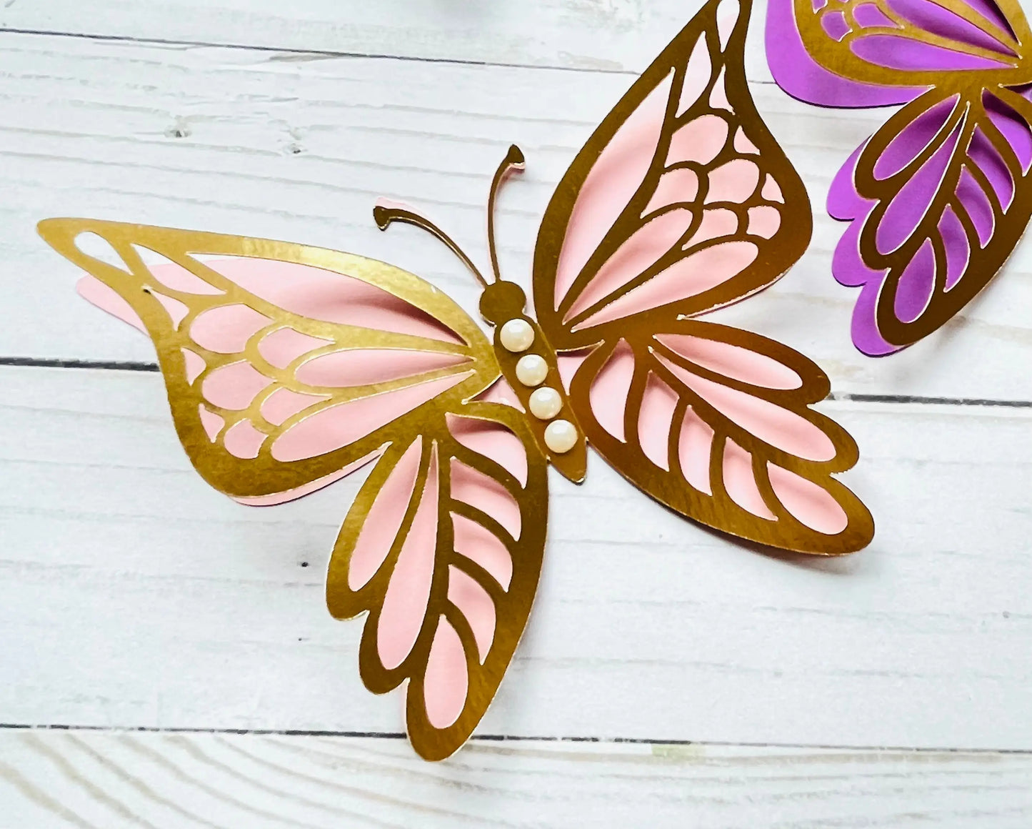 Birthday Party 2 Novelty Butterfly Cupcakes Decoration Pink and Gold Paper Butterfly Stickers Bedroom Hollow Pearl Butterfly Mural Decals