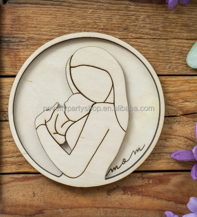 Novelty custom wood laser cutting engraving round gift mom 3D line art