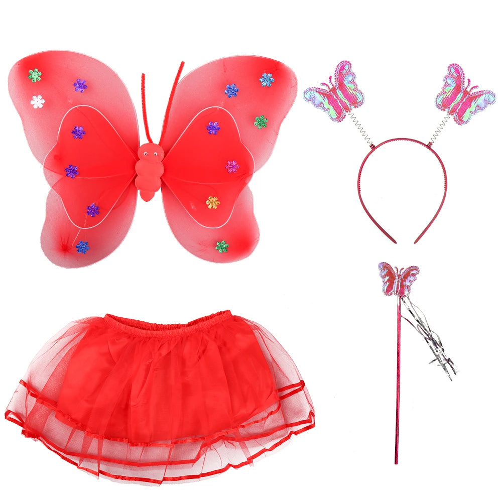 Birthday Kids Fairy Girls Sequin LED butterfly Wing Wand Belly Dress 4pcs/set Party Supplies fairy Cosplay Suit