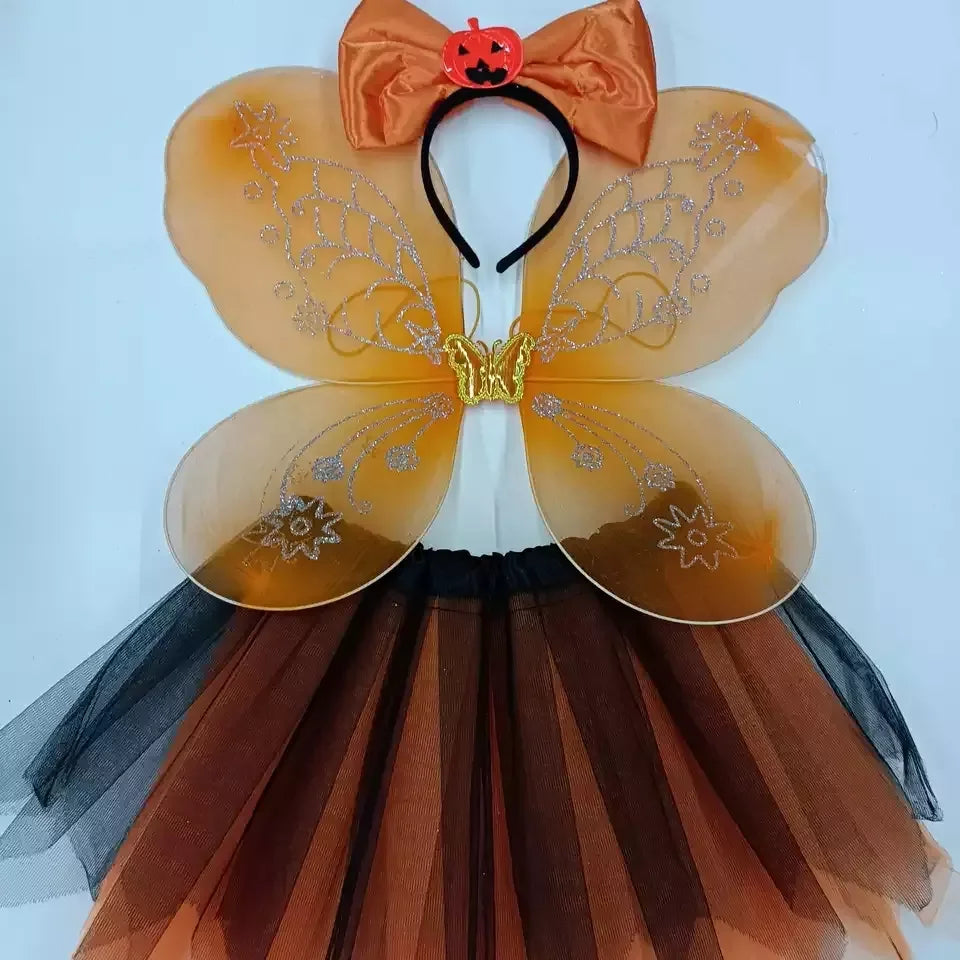 Halloween & Day of the Dead Yellow Dress Fairy Butterfly Children's Costume Short Skirt Wings Strap Headband Ballet Costume Set
