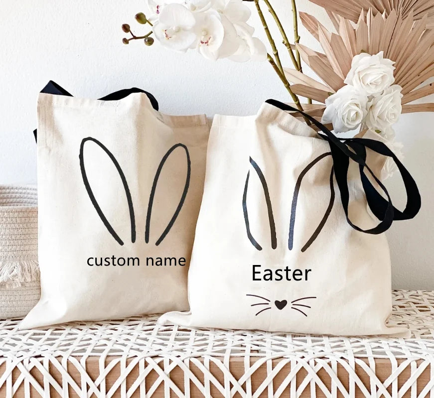 Easter and Thanksgiving 3 Personalized Name Tote Easter Egg Hunt Bag Reusable Shopping Rabbit Tote Easter Bag with Name Custom Canvas Easter Candy Bag