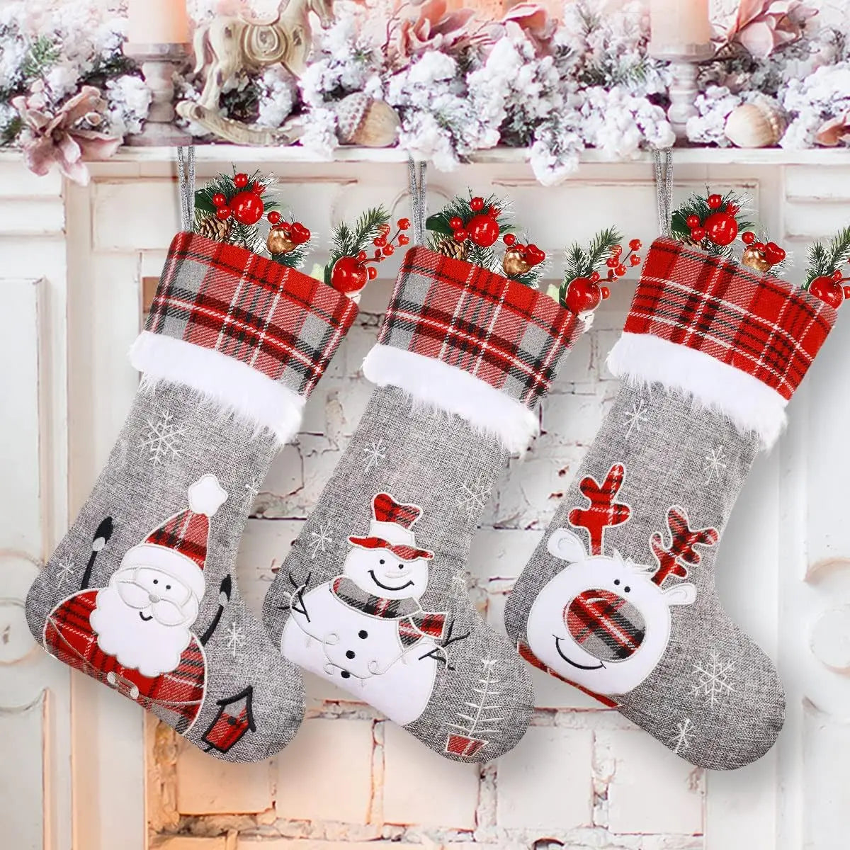 46*30Cm Christmas Decoration Gift Bag Embroidered Santa Claus Plush Large Hanging Socks Burlap Red Gray Checked Christmas Socks