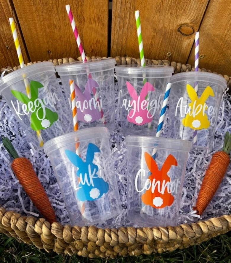 Easter and Thanksgiving 3 Bunny Party Cup Set Disposable Lid Straw Set Easter Party Favorite Children's Gifts Cute Bunny Tumbler with Lid and Straw