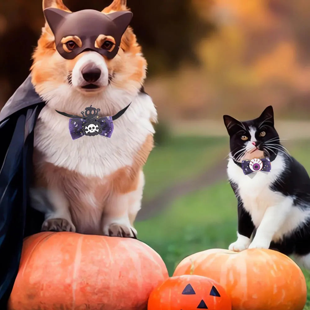 Halloween & Death Day Pet Set Halloween Pet Bow Collar Weird Atmospheric Neck Bow Scarf Pet Accessories Adjustable Dog Cat Bow Tie