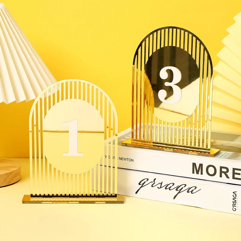 1 wedding party, elegant wedding table decorated with gold geometric mirror acrylic table numbers, with 3D font