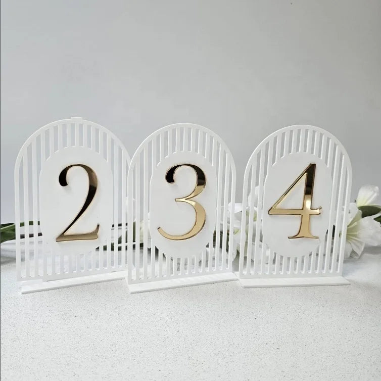 1 Wedding party, unique modern table number Event table number Matt white and gold table number