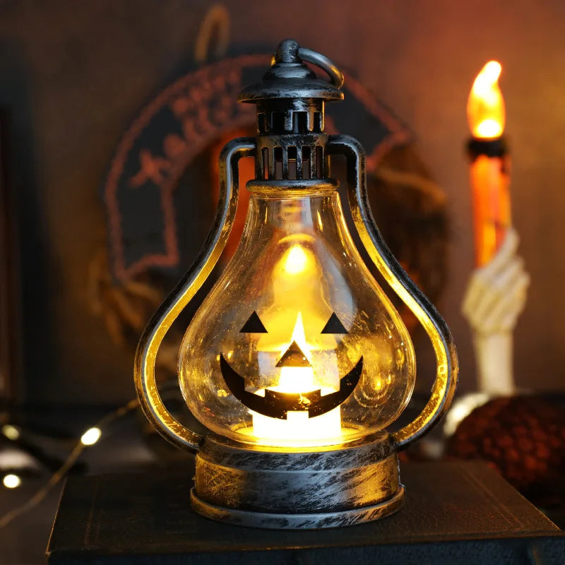 Adereços decorativos para Halloween e Dia dos Mortos, lanterna Jack-o' - Lanterna com luz de vela, festival fantasma, lanterna portátil, luz de mesa para Halloween, diodo emissor de luz