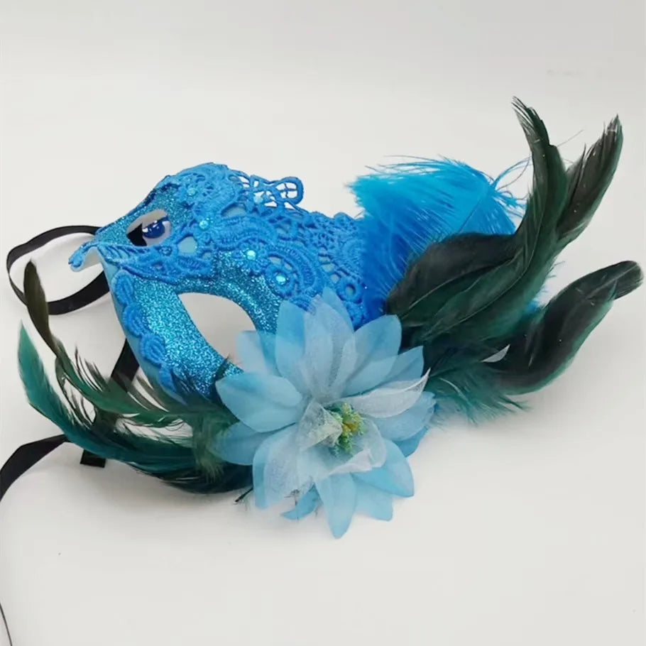 Carnaval Carnival lace mask with flowers and feathers on the side Masquerade mask, Carnival decoration Venice mask Party decoration