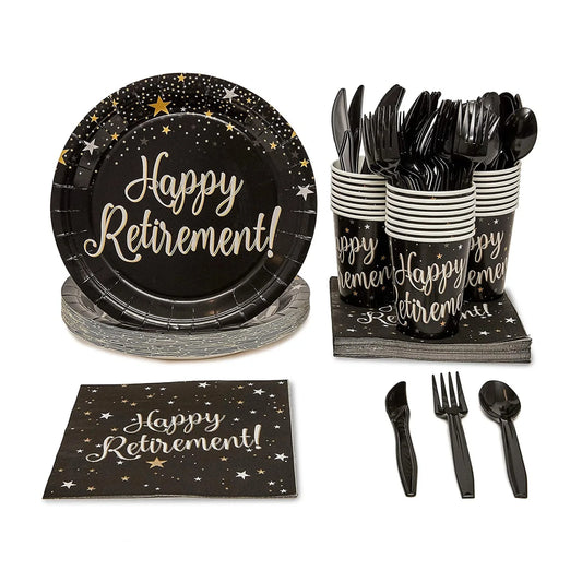 Birthday Party 2 retirement-themed tableware for 24 guests with a black disposable happy retirement tableware set complete with plates, cups and napkins