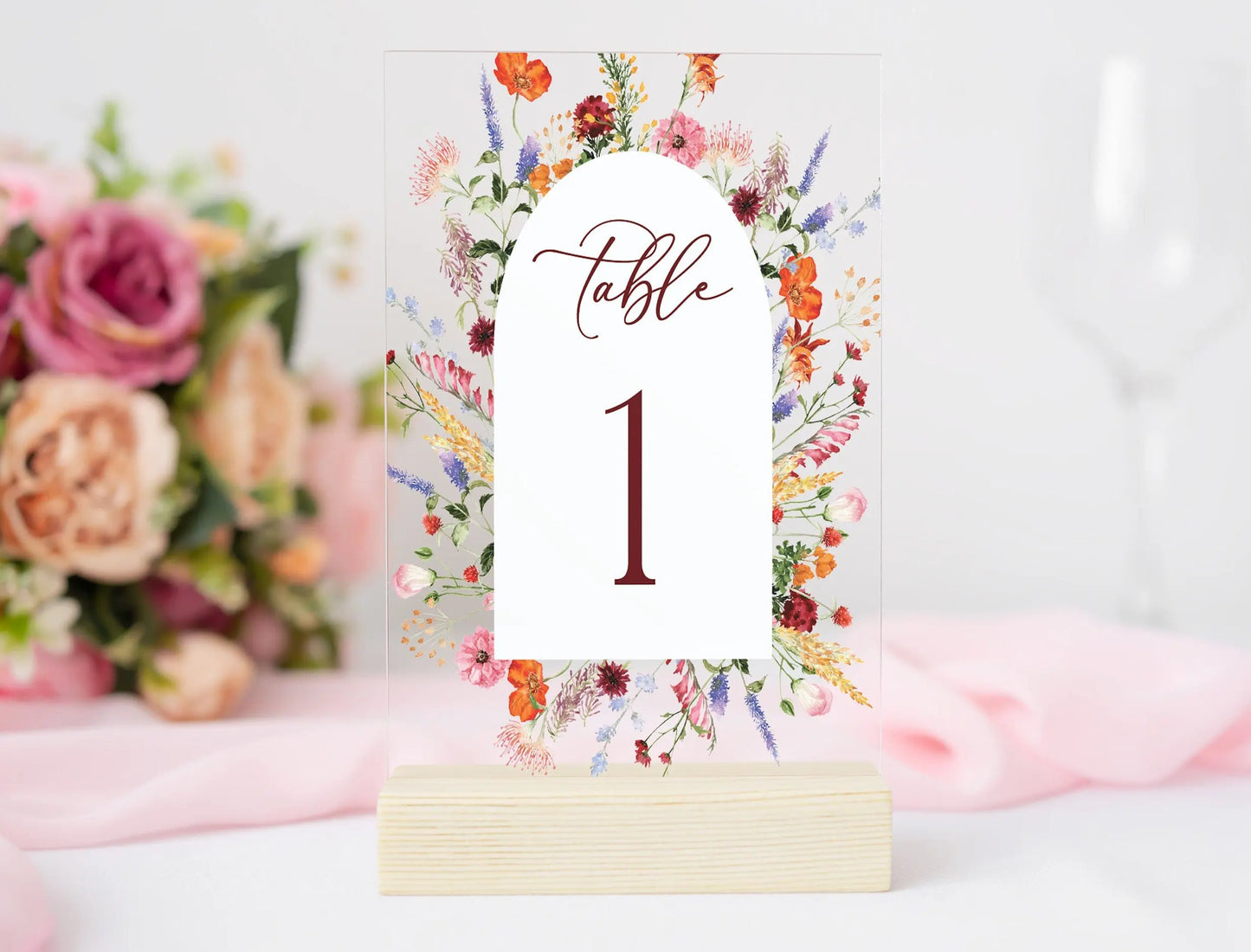 1 Wedding party, arched wildflower acrylic table number with stand garden bridal shower tea party wedding decoration custom modern flower table number