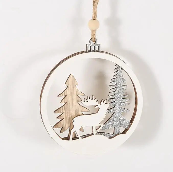 Personalized Design Round Plywood Christmas Day Souvenir Decoration Hollow Elk Kim Cong Powder Christmas Tree Pendant