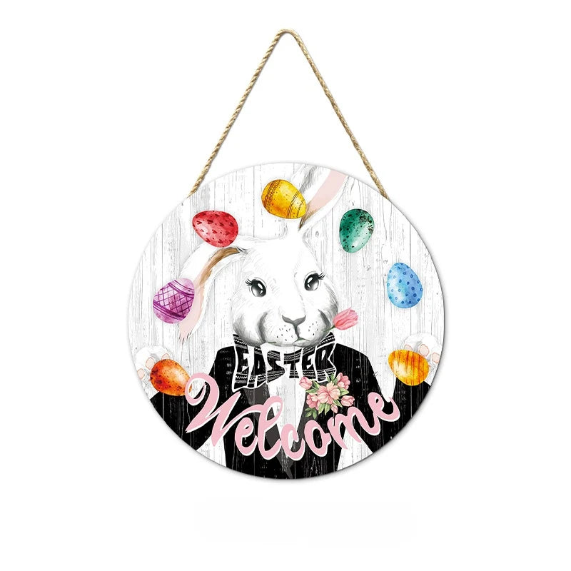 Easter and Thanksgiving 3 New Easter Round Booney Door Pendant Decoration Round Wooden Rabbit Egg Painting Home Crafts Hanging Signs Wall Decoration