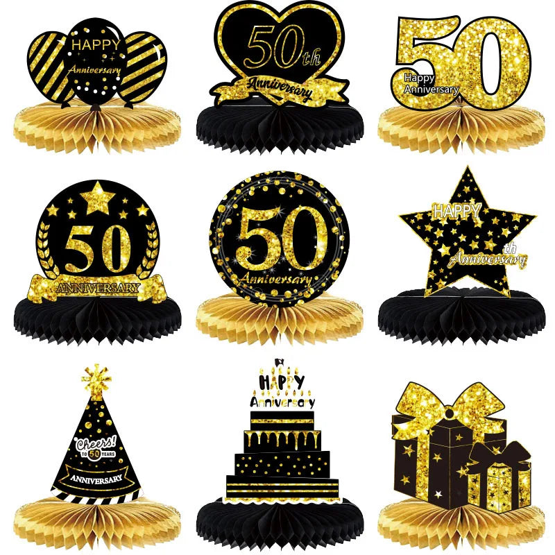 Birthday Party 2 Pieces 50st Honeycomb Center Piece 50st Black Gold Birthday Decoration 50th Honeycomb Men's and Women's Birthday Party Honeycomb