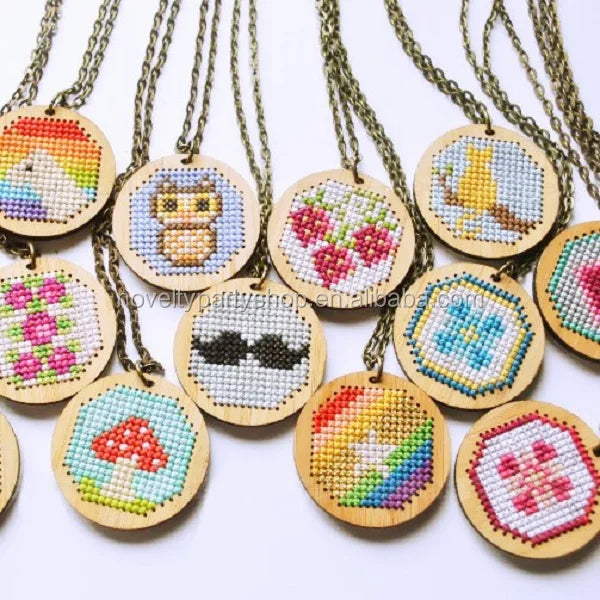 10 DIY Gifts Blank Wooden Key Ring DIY Needle and Thread Earrings Necklace Wood Cross Stitch Kit