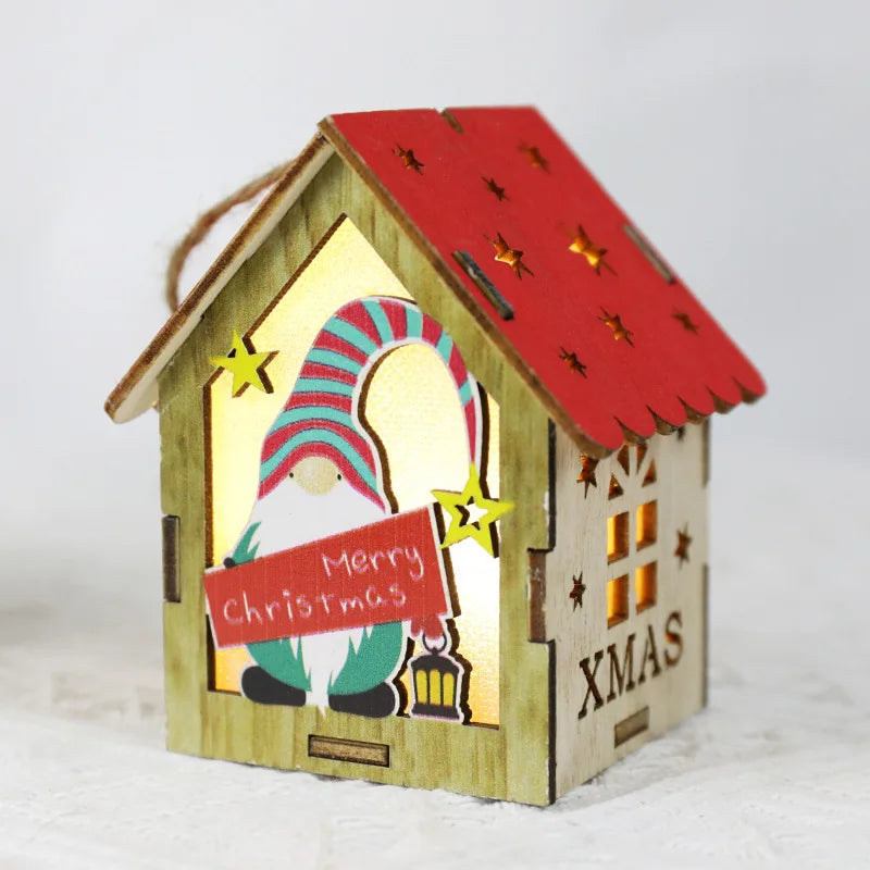 Christmas Tree Ornament Light Emitting Diode Yeti Colorful House with Candle Light Christmas Light Emitting Diode Wooden Gnome Doll Pendant