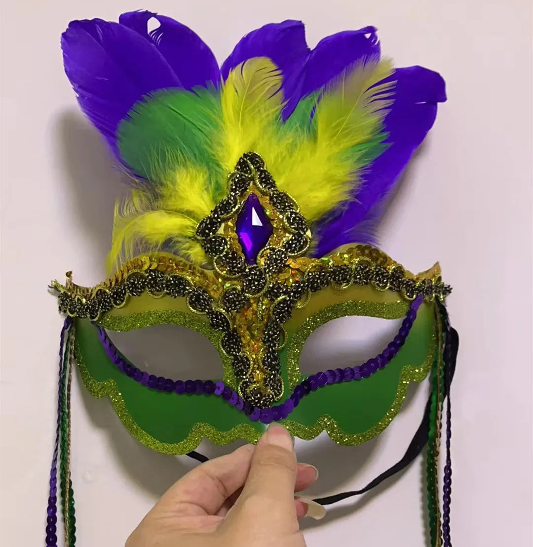 Carnaval Hot Sale Feather Painting Dusting Gold Green Purple Fringed Mask Carnival Party Carnival Mask