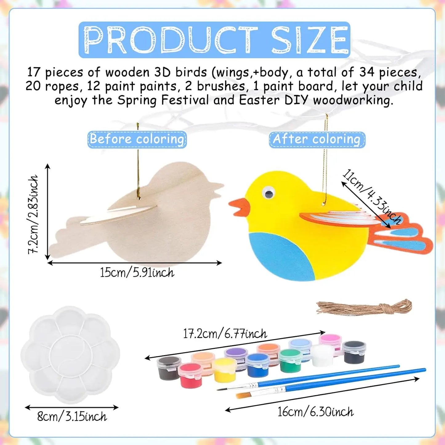 Unfinished 6-piece 3D wooden bird craft set bird wind chime craft set spring garden balcony