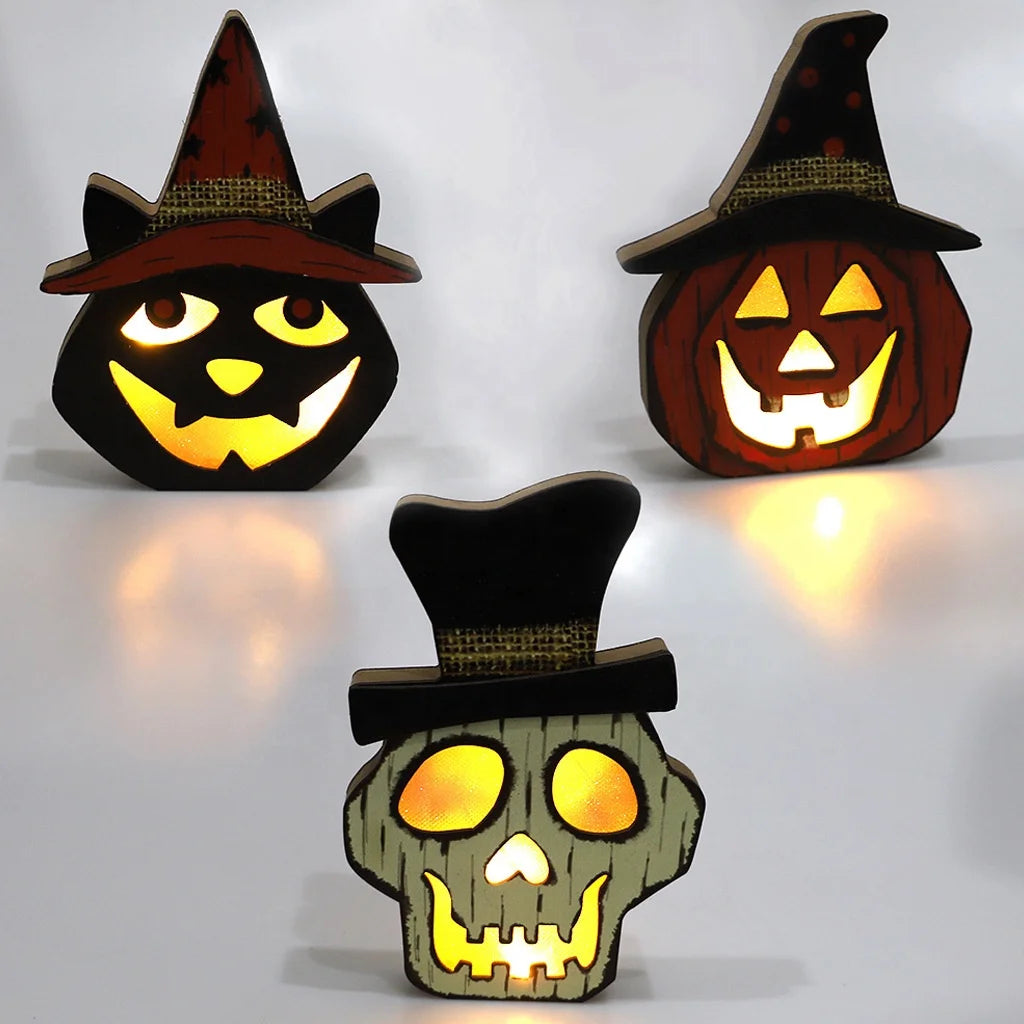 Halloween & Day of the Dead Folk Art Style Wooden Pumpkin Lantern Halloween Party Ornaments Cemetery Castle Ghost Hanging Light Home Decoration