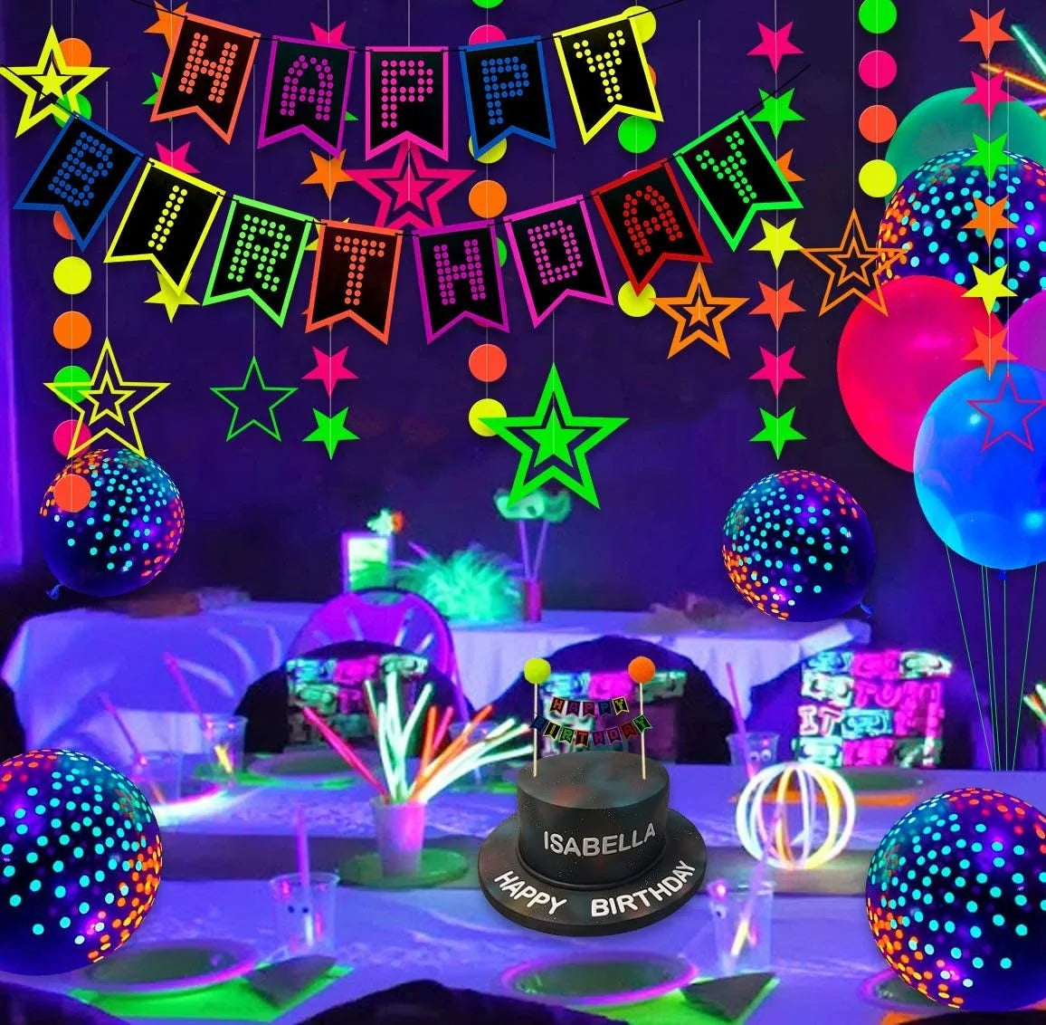 Birthday Party 2 pcs Glow Neon Birthday Party Supplies Neon Balloons Glow in the Dark Happy Birthday Banner UV Black Light React Glow Party 
