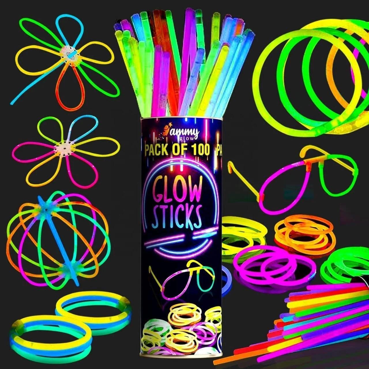 Birthday Party 2 Wedding Christmas New Year's Eve Party Neon Glow Stick Chain and Glow Glasses 100 Pieces Neon Glow Stick