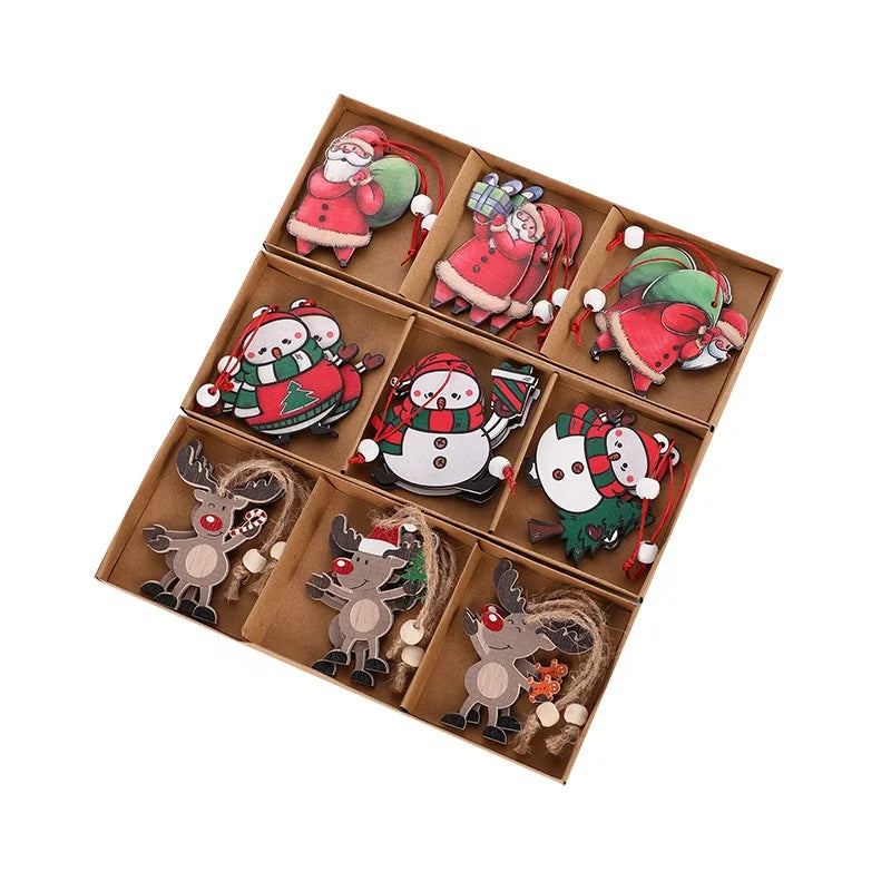 6 Wooden Christmas Tree Pendants Hand Decorated Christmas Tree Pendants with Cords Holiday Decorations Christmas Decorations