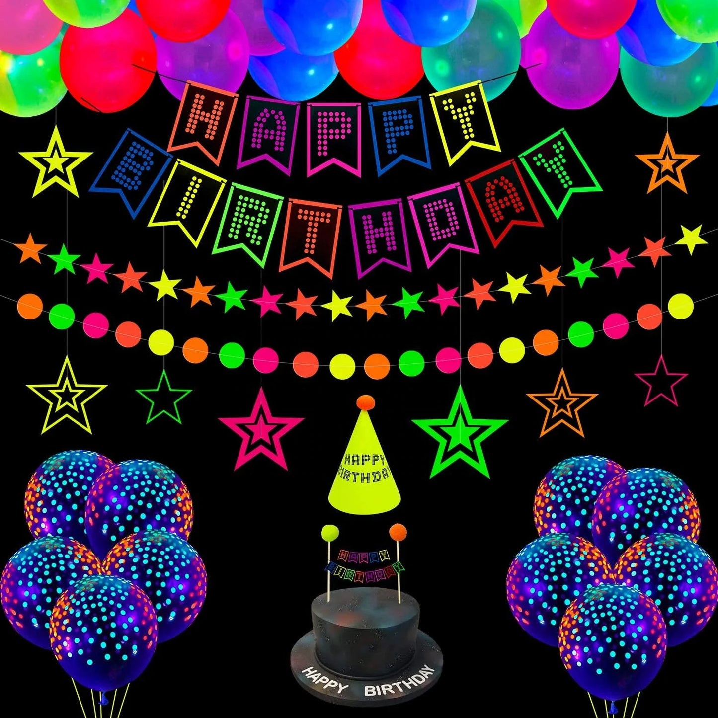 Birthday Party 2 pcs Glow Neon Birthday Party Supplies Neon Balloons Glow in the Dark Happy Birthday Banner UV Black Light React Glow Party 