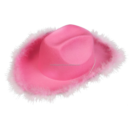Halloween & Day of the Dead Women's Wedding Bachelor Pink Cowboy Hat with Fuzzy Trim