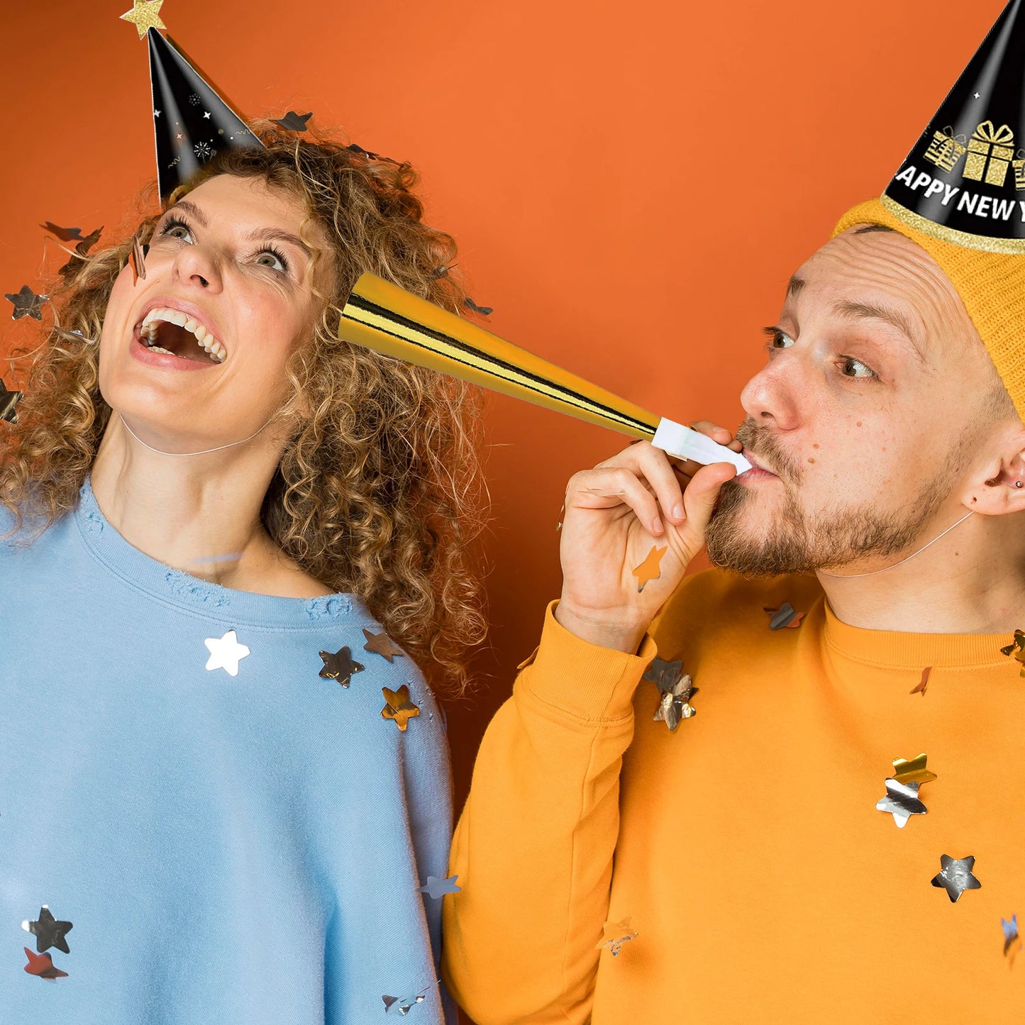 48 Silver Black Gold New Year's Hats Noise Maker 2025 New Year's Eve Party Favorites Photo Gifts 2025 New Year's Hats &amp; Trumpets 