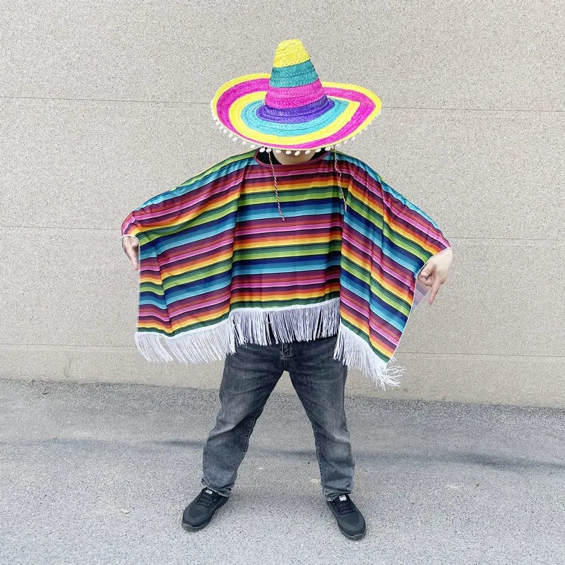 Mexican Party Dress Adult Wear Rainbow Striped Poncho Hat Cosplay Halloween Costume with Serape Cape Mexican Ornaments