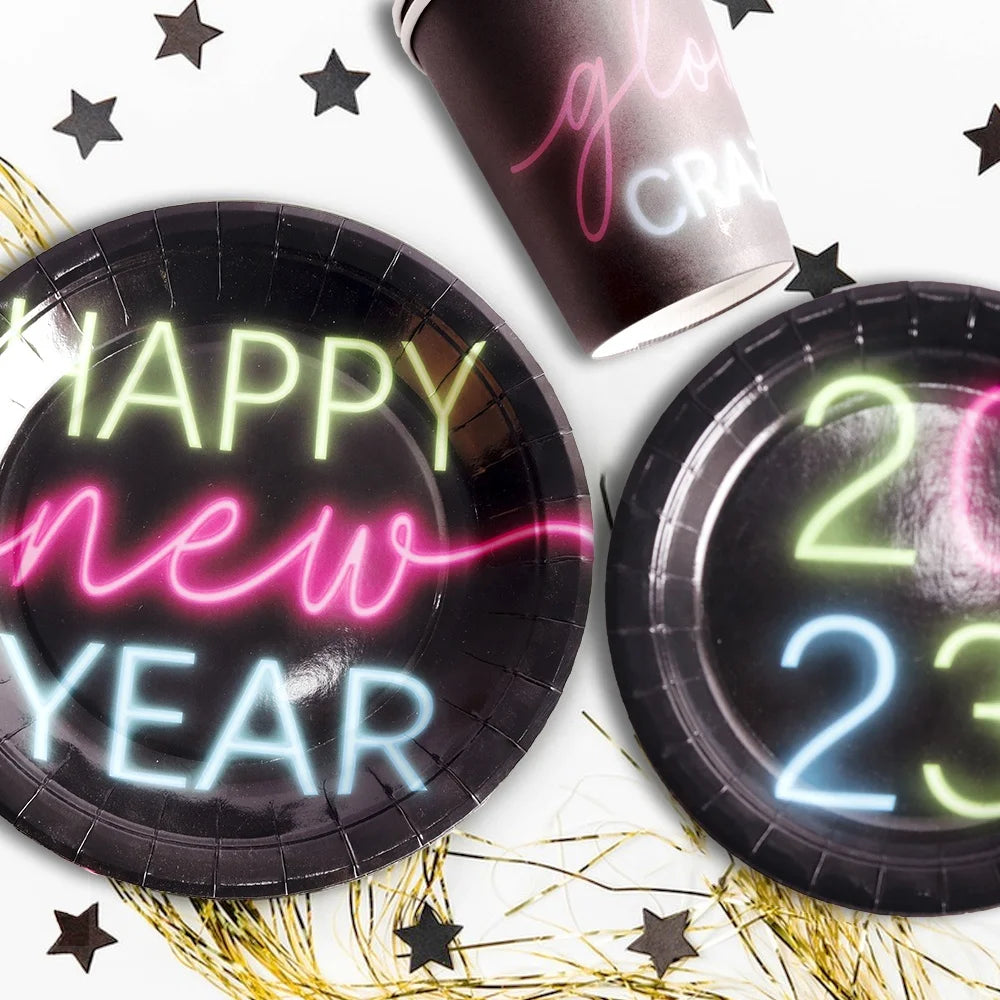 New Year's Eve, happy party supplies, neon birthday party tableware set, the delivery will automatically adjust the latest number of years.