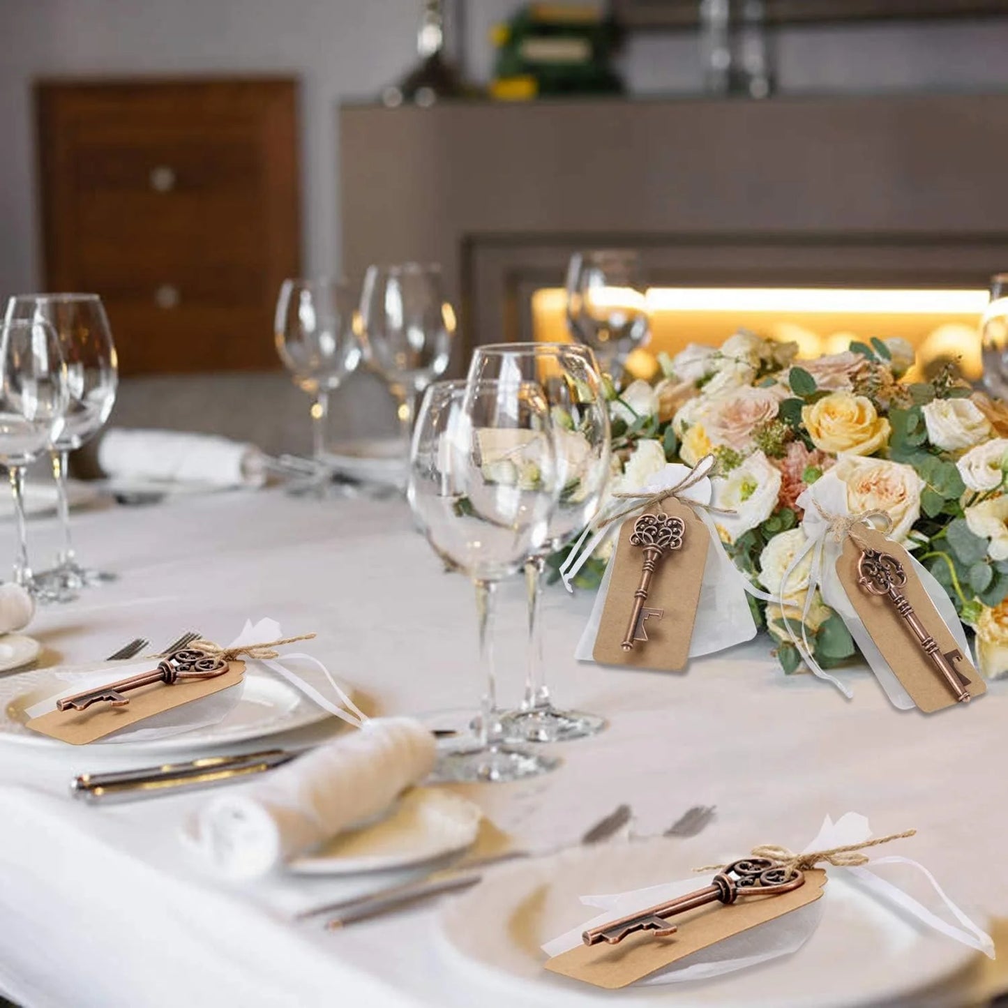 1 wedding party, guest wedding gift vintage key bottle opener organza bag kraft paper gift label