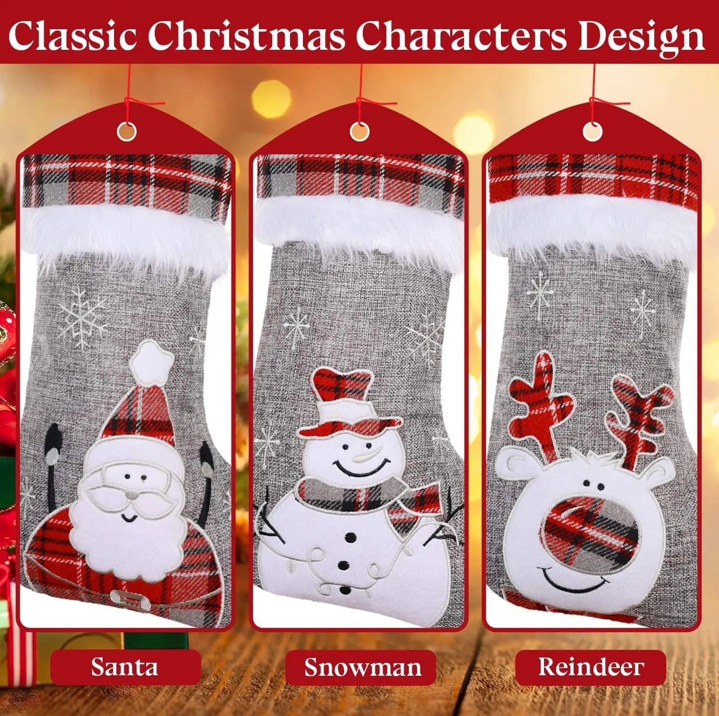 46*30Cm Christmas Decoration Gift Bag Embroidered Santa Claus Plush Large Hanging Socks Burlap Red Gray Checked Christmas Socks 