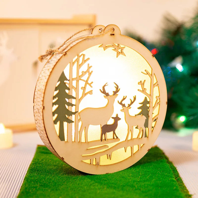 Christmas Decoration Round Lighting Old Man Snowman Elk Light Emitting Diode Wooden Christmas Tree Pendant
