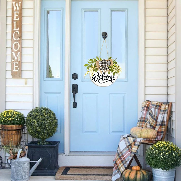 Wooden crafts, new design welcome wooden sign front door listing wreath front door sign