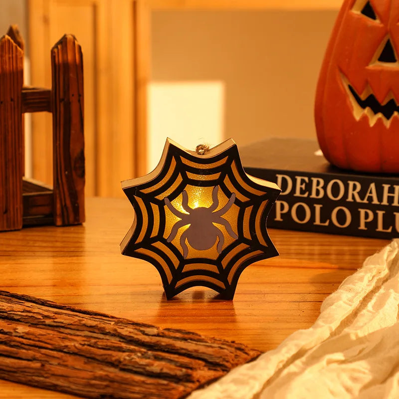 Halloween & Day of the Dead Decorative Pumpkin Lantern Wooden Skeleton Spider Ghost Lantern Halloween Scene Pendant Night Light