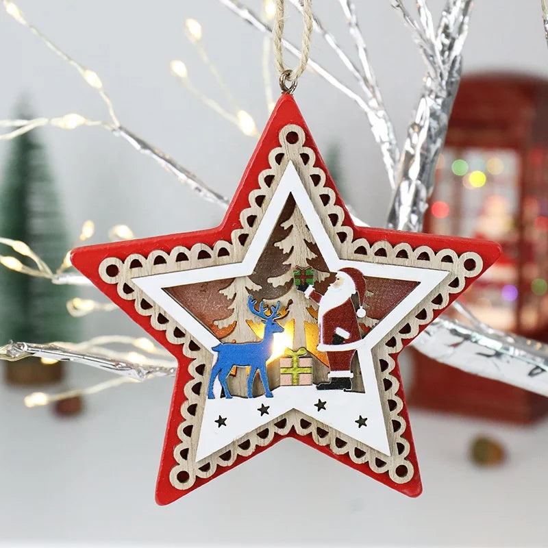 Christmas Tree Light Emitting Diode Light Nutcracker Soldier Hanging Ornament DIY Star/Car Wooden Decoration New Year Christmas Tree Home Decoration