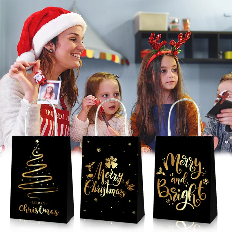 Black bronzing square bottom shopping bag Christmas themed party gift supplies Santa elk kraft paper gift bag