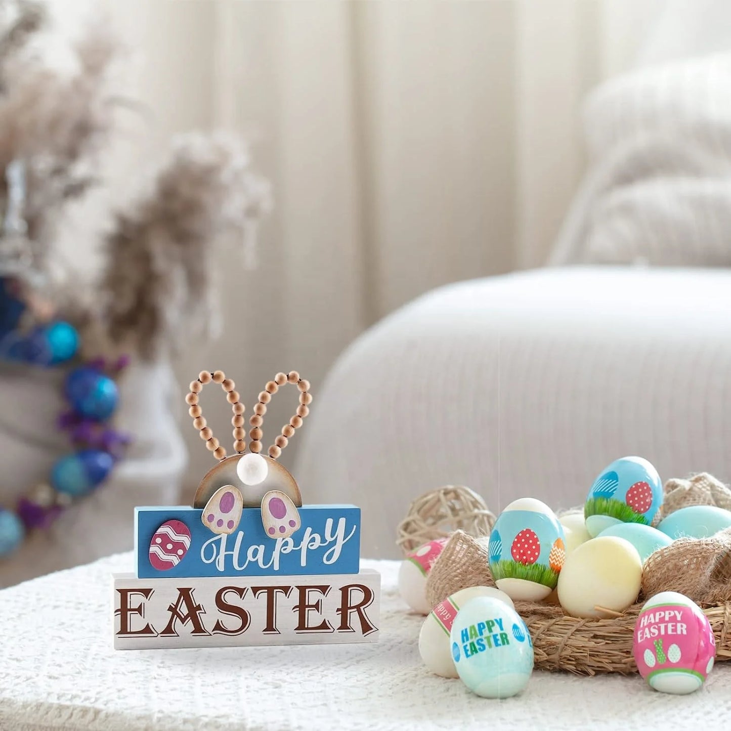 Easter and Thanksgiving 3 Decorations Home Country Spring Happy Easter Bunny Wood Signage Block Decorated with Layered Tray with Eggs and Wood Beads 