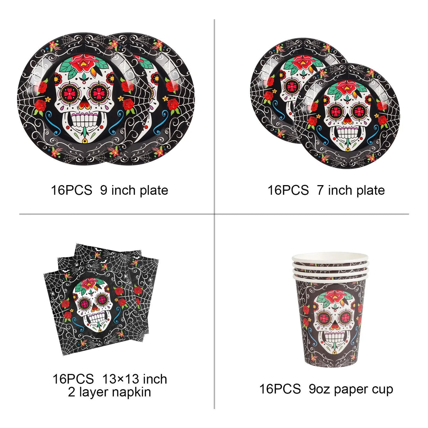 Halloween & Day of the Dead 16 Guests Multicolor Dead Candy Skull Black Charger Set Carnival Party Supplies Halloween Disposable Cutlery Set